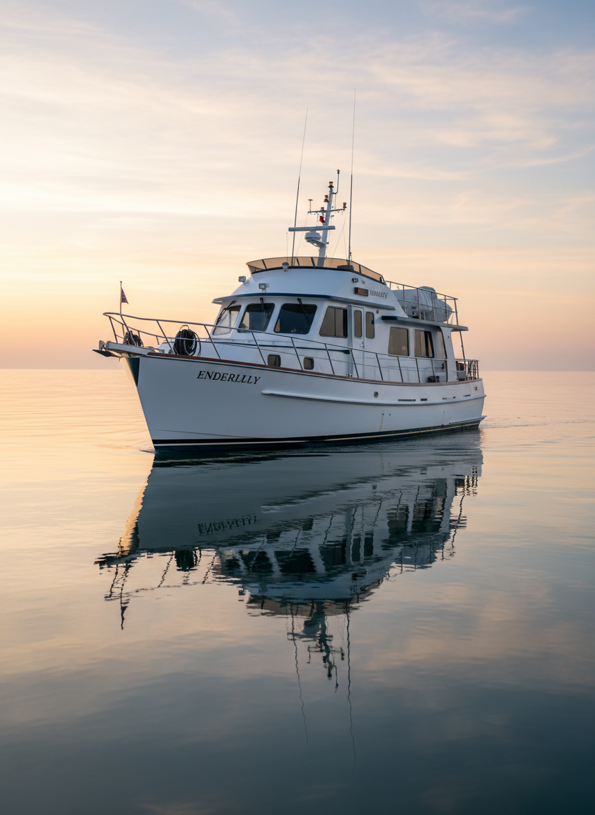 A sturdy Nordhavn 47 trawler yacht named “Enderlily” cuts through a calm, glassy ocean at sunrise, its white hull and dark blue trim reflecting crisply on the water’s surface as if walking atop a mirror. The polished stainless-steel rails, radar arch, and neatly coiled lines on the foredeck convey meticulous care and seaworthy purpose. Golden-hour light spills across a pale sky with soft, layered clouds, casting long, gentle reflections around the vessel. Photographic realism from a slightly elevated, three-quarter bow angle emphasizes the boat’s purposeful profile while keeping the distant horizon low in the frame. The mood is serene and contemplative, suggesting quiet faith and steady confidence at sea, with sharp focus on the yacht and subtle bokeh softening the expansive water and sky beyond.