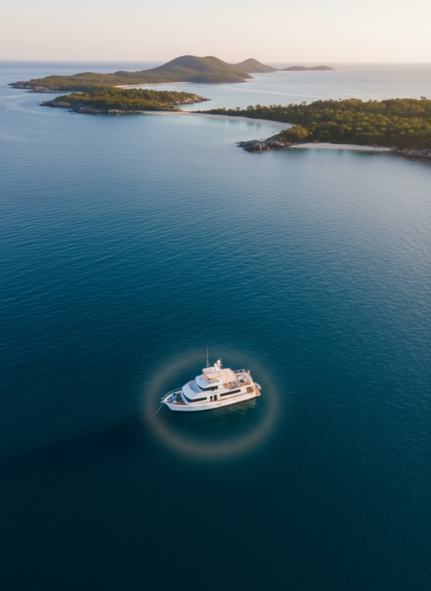 An overhead, bird’s-eye photographic view of the Nordhavn 47 “Enderlily” anchored alone in a vast, calm bay of deep sapphire water, the boat’s compact, purposeful silhouette forming a bright focal point. A slender chain of islands fringed with pale sand and dark green foliage curves gently along the upper edge of the frame, while the yacht sits near the lower third, tethered by a thin, visible anchor line. Late afternoon sun bathes the scene in a soft, golden wash, creating subtle gradients in the sea’s color and a delicate halo of light around the hull, as though the vessel is resting in a circle of protection. The overall mood is serene, reverent, and slightly awe-struck, evoking solitude, prayer, and gratitude amid great maritime expanses.