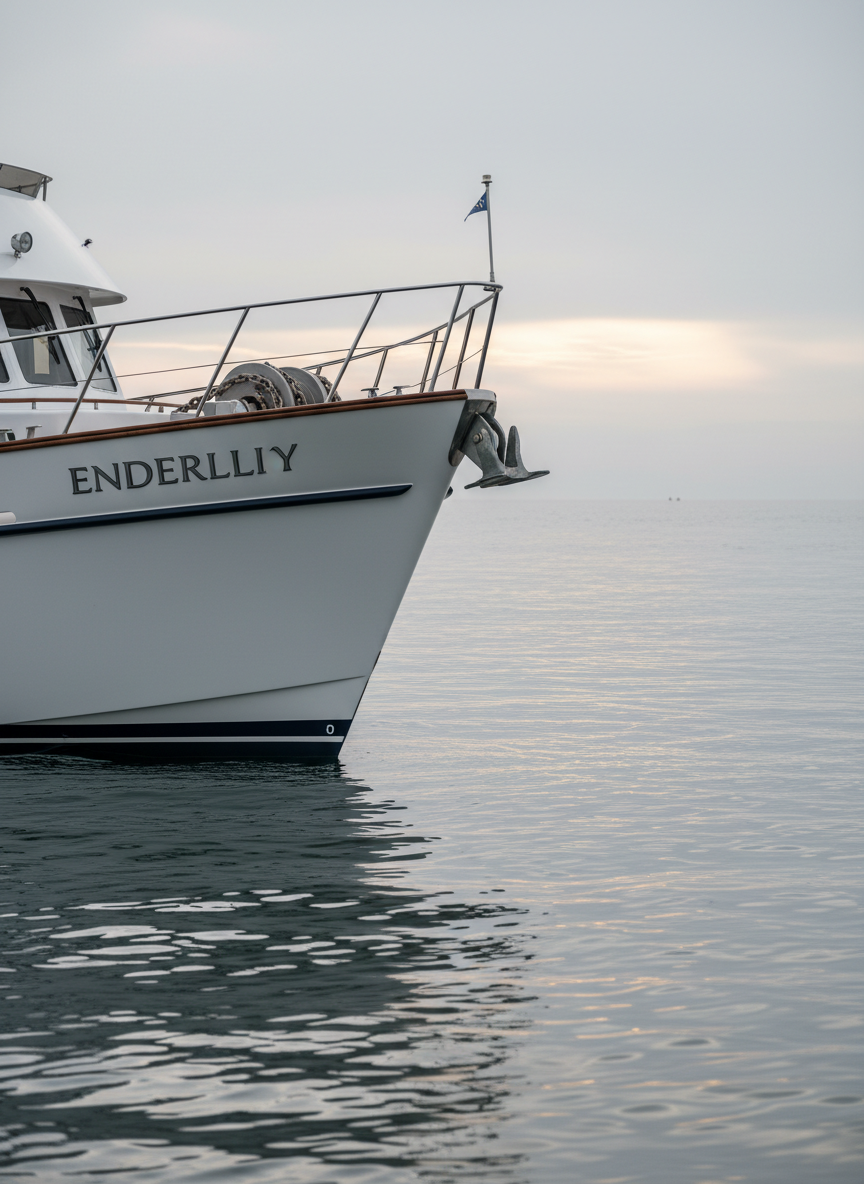 The bow of the Nordhavn 47 “Enderlily” rises toward a distant horizon, framed tightly so only the foredeck, pulpit, and anchor gear command attention. Gleaming white fiberglass contrasts with deep navy boot stripe, while the heavy stainless anchor and chain rest in perfect order, symbolizing security and trust. The yacht floats on gently rippled water under soft overcast light, creating a silvery, diffused sheen with minimal harsh shadows. Photographic realism at eye level from the waterline accentuates the sense that the boat is poised to journey into mystery. The composition follows the rule of thirds, with the bow leading toward a subtle break in the clouds. The atmosphere feels introspective and hopeful, as if charting both a literal and spiritual course into the unknown.