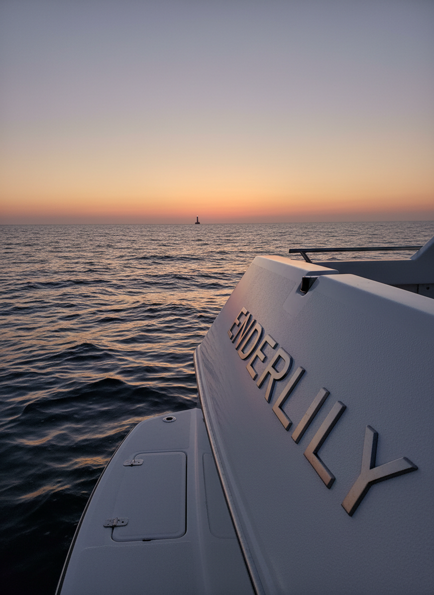 A close, low-angle photographic view from the swim platform of the Nordhavn 47 “Enderlily,” looking out across small, rhythmic swells catching the last light of dusk. The solid transom with its embossed boat name is partially in frame, its reflective lettering catching hints of violet and amber sky. A shoreless horizon stretches ahead, with a single, distant lighthouse standing against the fading glow, its beam just beginning to turn. Cool, bluish twilight wraps the water while a subtle warm afterglow lingers near the horizon, creating a nuanced interplay between comfort and mystery. The composition places the transom in the lower corner, leading the eye outward, evoking the tension between safety aboard and faith-filled venture into the open sea. The atmosphere is quietly dramatic, sophisticated, and deeply reflective.