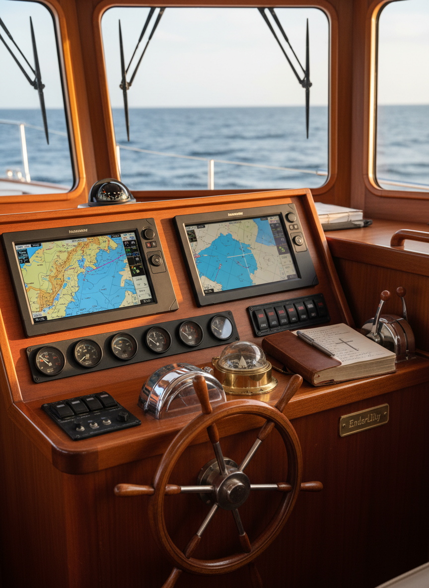 Inside the pilothouse of the Nordhavn 47 “Enderlily,” a finely varnished teak helm station glows warmly under diffused afternoon light streaming through large forward windows. Twin multifunction displays show a detailed electronic chart and a stylized crosshair of the vessel’s position, while analog gauges, a classic stainless-and-wood wheel, and neatly labeled switches line the console. A worn leather-bound journal lies open beside a brass compass, hinting at reflective navigation and quiet devotion. Photographic realism with a shallow depth of field keeps the wheel and compass in crisp focus, allowing the chart screens and ocean beyond the glass to soften into tasteful blur. The mood is contemplative, orderly, and quietly sophisticated, suggesting a life of faith lived thoughtfully amidst advanced blue-water technology.
